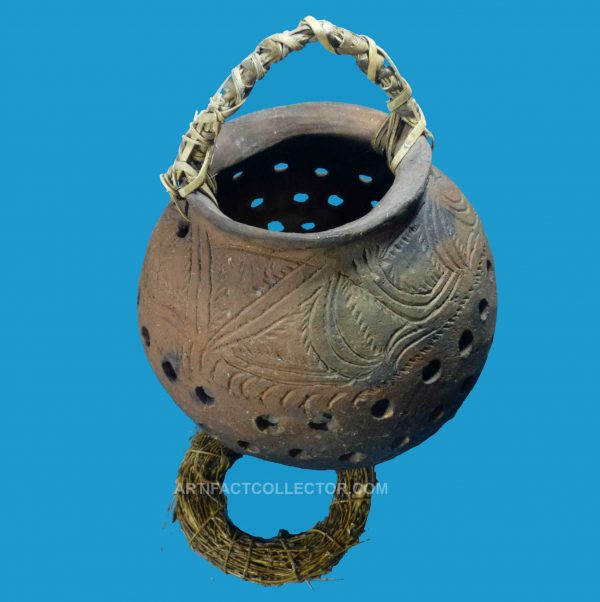 HD18 New Guinea Museum Quality Large Decorated Smoking Pot with Woven cane Handle and Woven Base c1962.